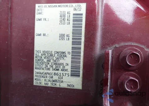 2012 Nissan Maxima 3.5 S z USA, uszkodzony, nr VIN 1N4AA5APXCC861575